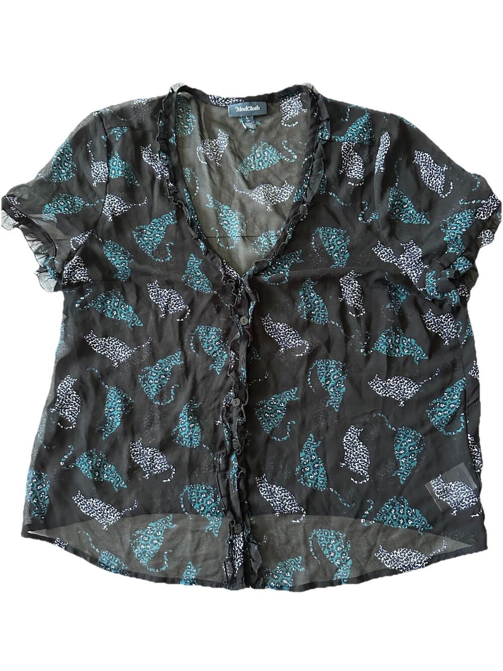 ModCloth Short Sleeve Black Sheer Cat Top Just Kitten Around Leopard Spots Large